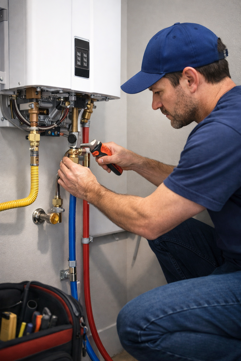 Plumber working on a white water heater, using pliers. Tools in a bag on the floor, indoors.