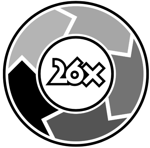 A black and white circle with the number 26x inside of it.