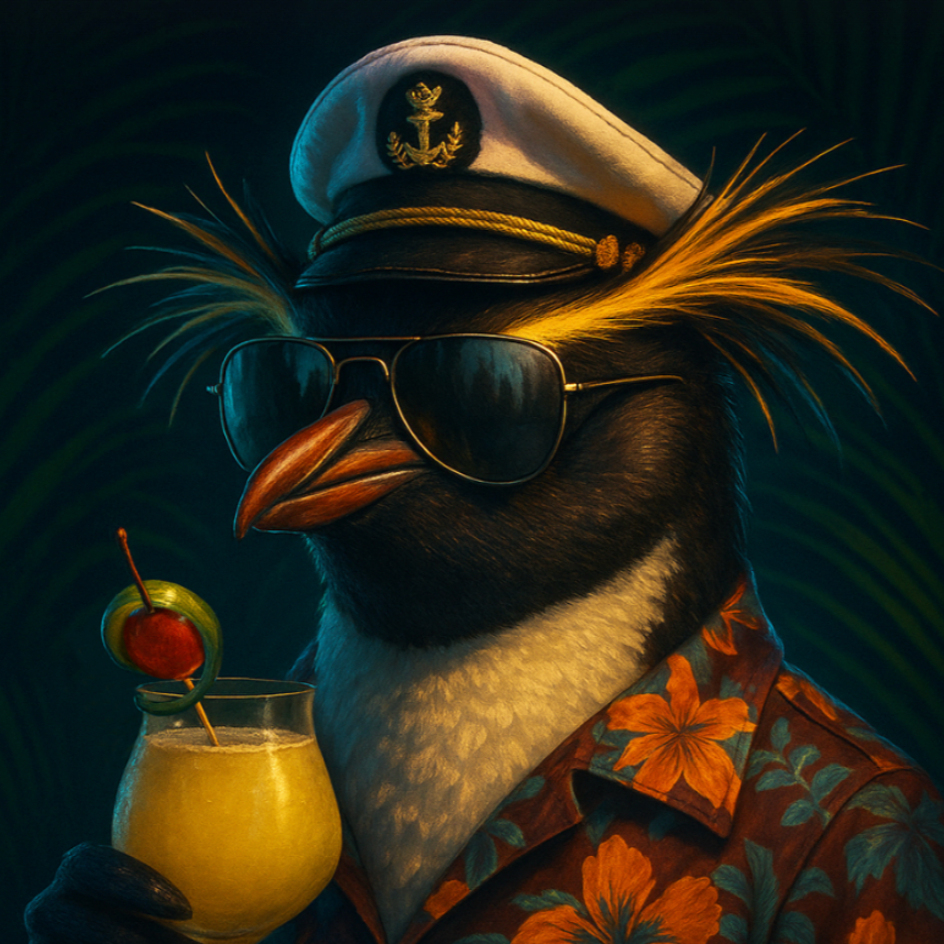 spirit animal of an emperor penguin wearing a captain's hat and an hawaiian shirt holding a cocktail