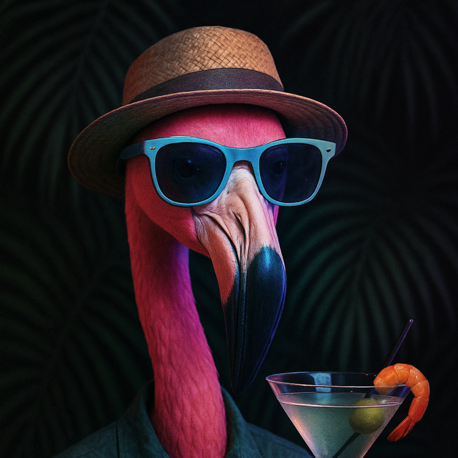 a spirit animal of a pink flamingo holding a cocktail and wearing a hat