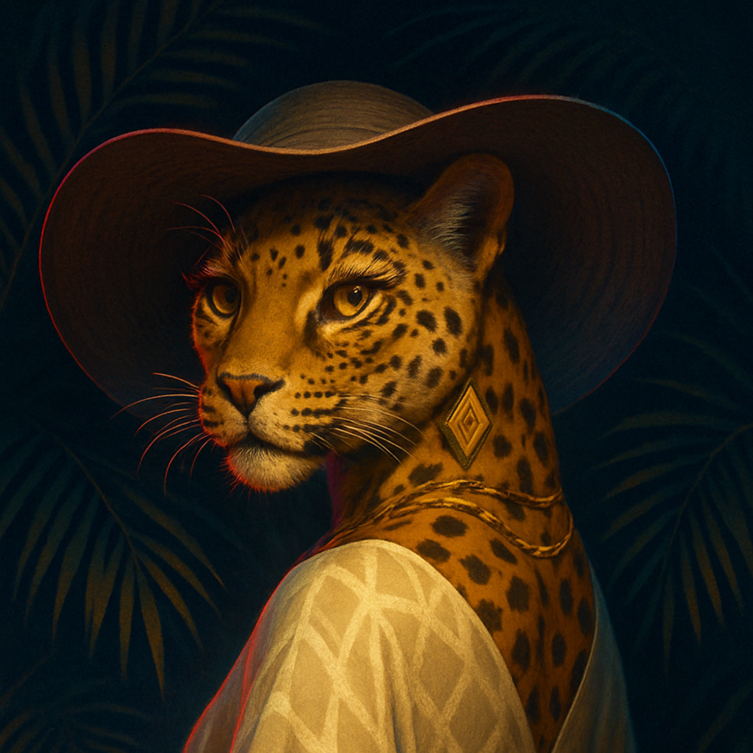 spirit animal of a leopard wearing a sun hat