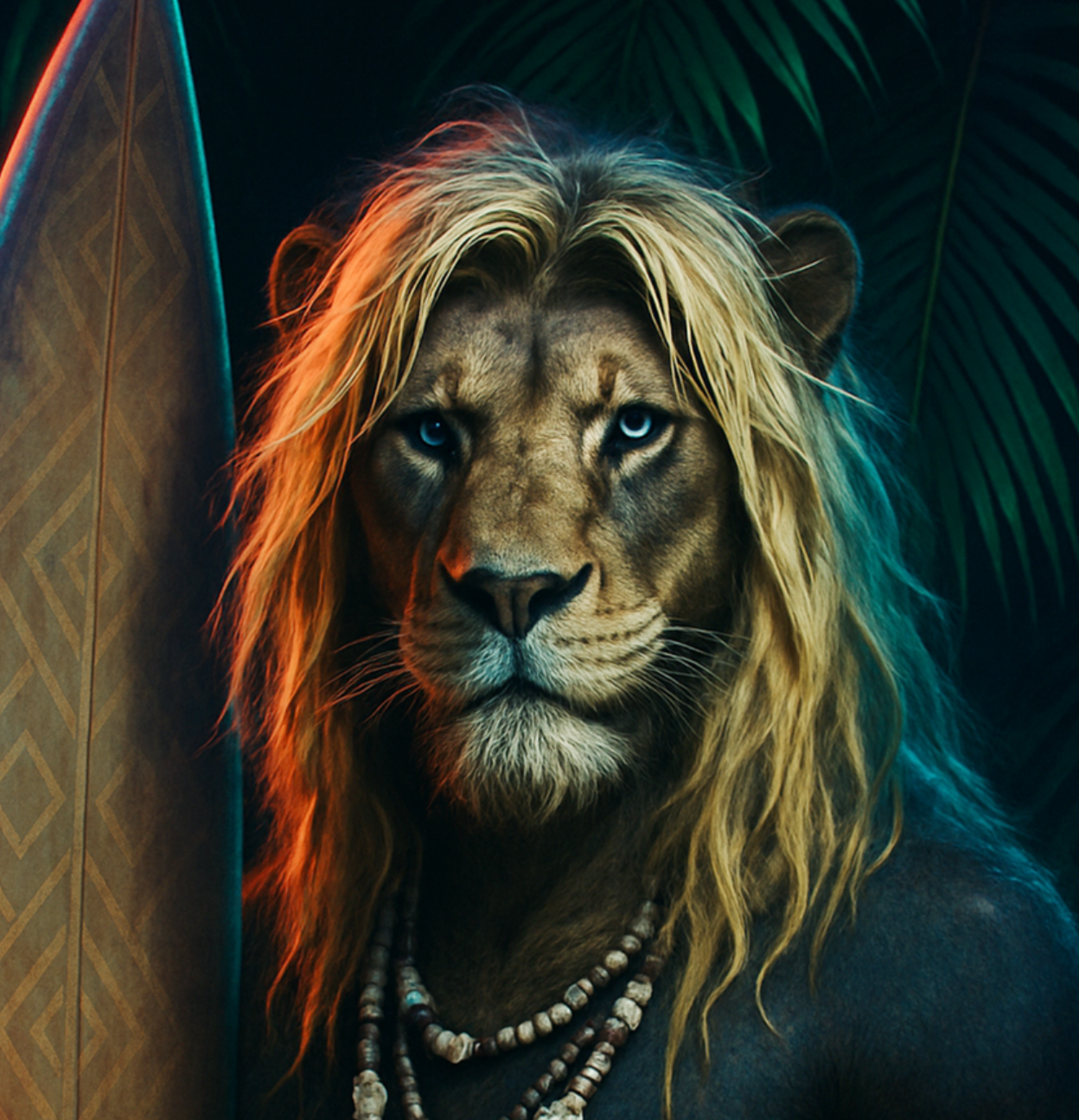 spirit animal of a lion holding a surfboard