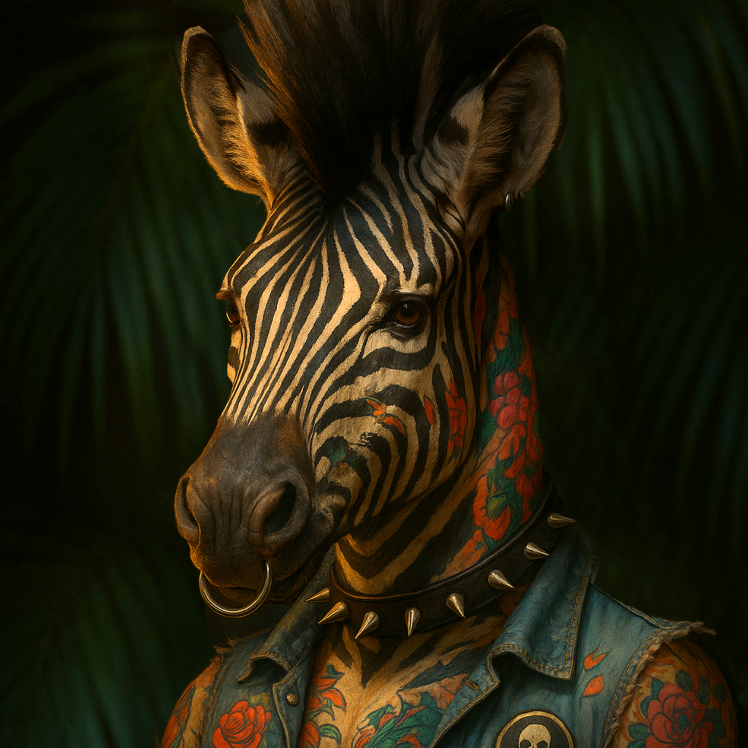 spirit animal of a zebra with tattoos and wearing a denim sleeveless vest