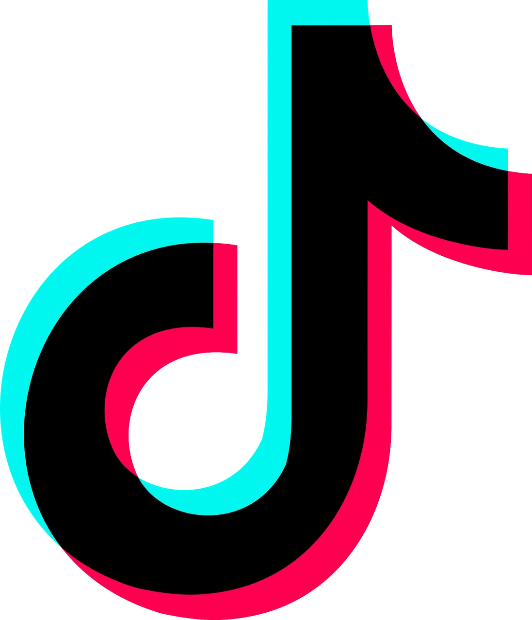 A black , red , and blue tik tok logo on a white background.