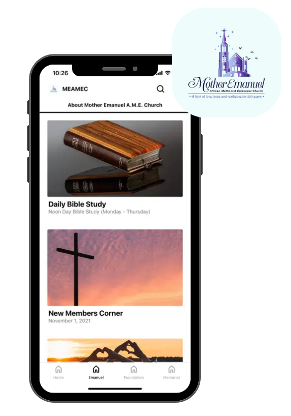 Mobile phone displaying a church app, with a logo and content about the church's services.