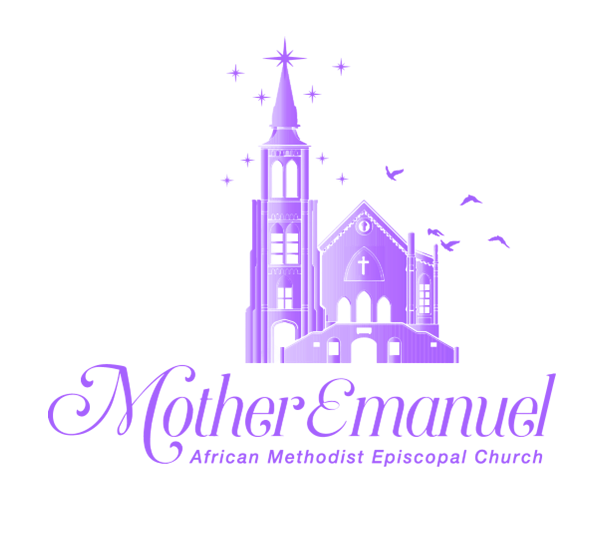 Logo of Mother Emanuel African Methodist Episcopal Church; purple church building and text.