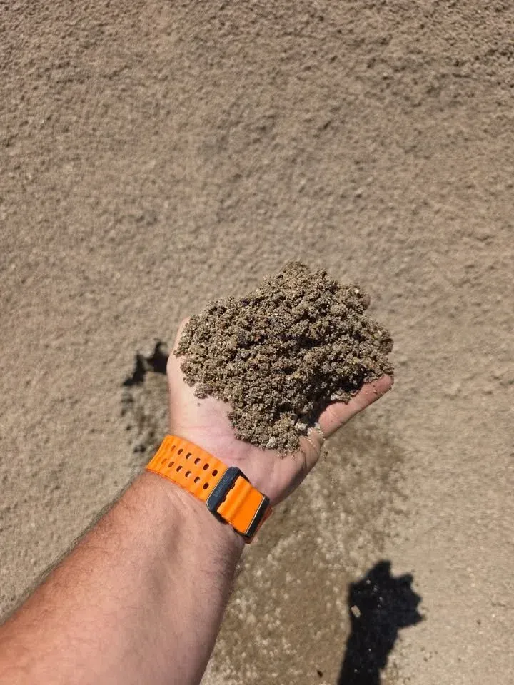 Handful of tan-colored sand held against a larger pile of the same sand. Orange watch is visible on the wrist.