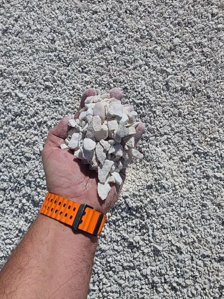 Handful of white gravel, held by a person with an orange watch, against a larger gravel bed.