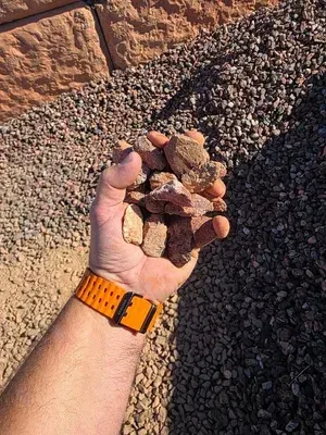 Handful of tan-colored rocks held in a person's hand with orange watch, gravel background and retaining wall.