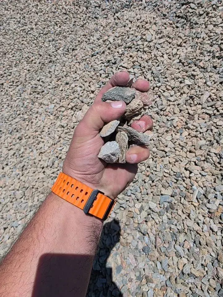 Handful of small, light-colored rocks held against a backdrop of gravel. Orange watch band visible.