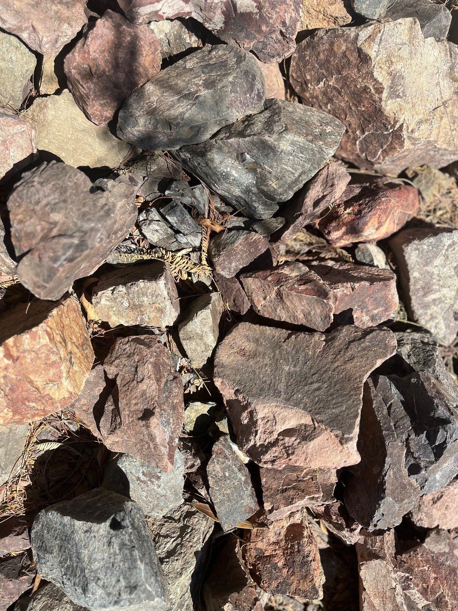 Close-up of a pile of colorful, rough rocks. Shades of gray, brown, and red.