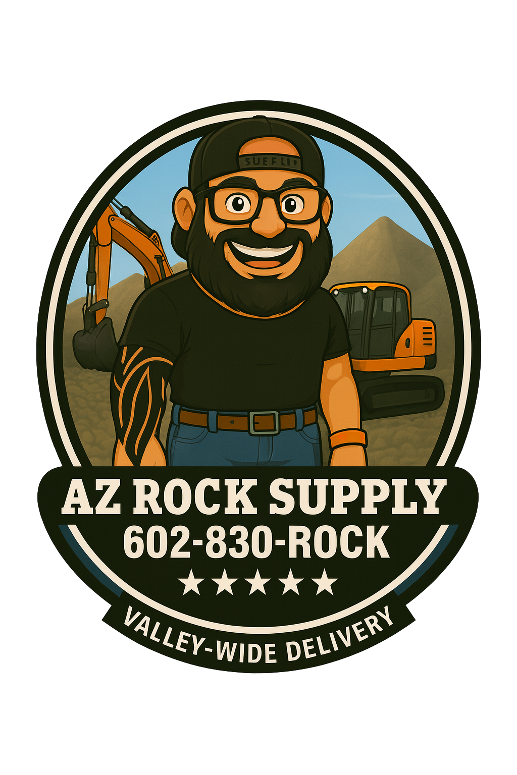 Logo: Man with beard and glasses, construction equipment, "AZ Rock Supply" with phone number and "Valley-Wide Delivery".