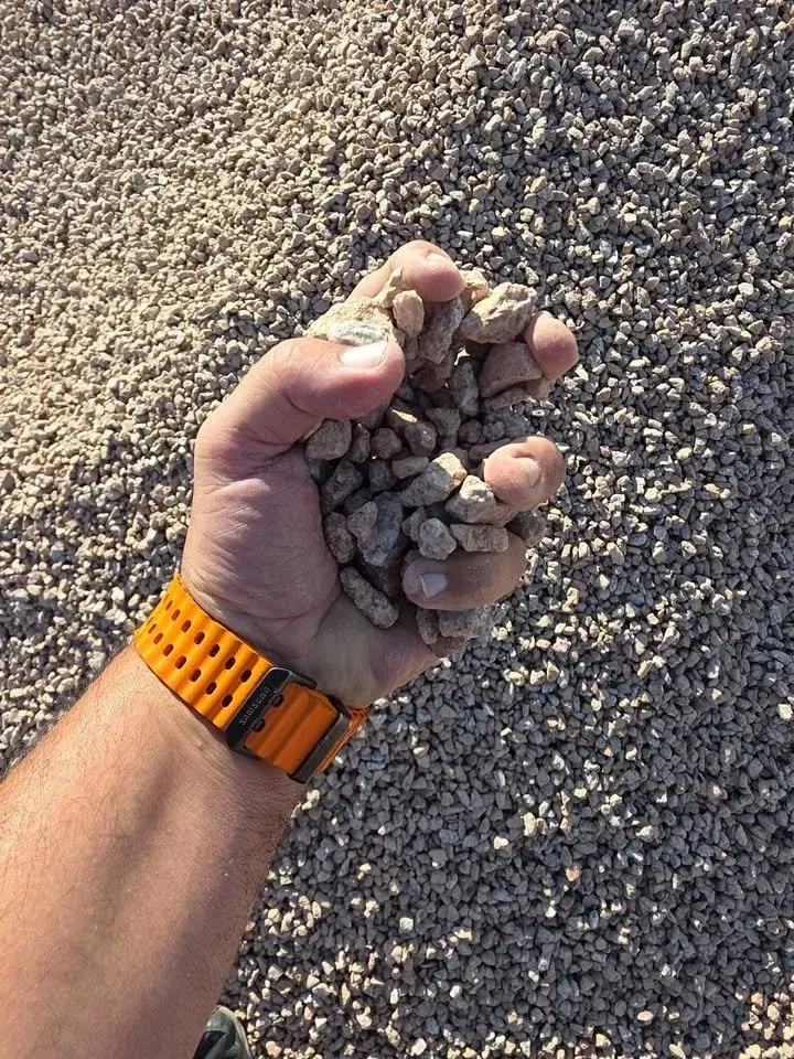 Hand holding a pile of small, light-colored gravel, outdoors. Orange wristband visible.