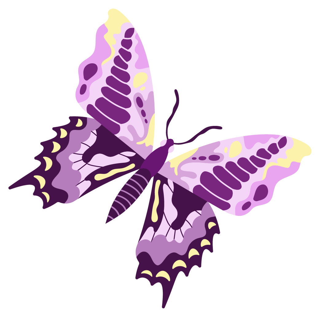 A purple and yellow butterfly is flying on a white background.