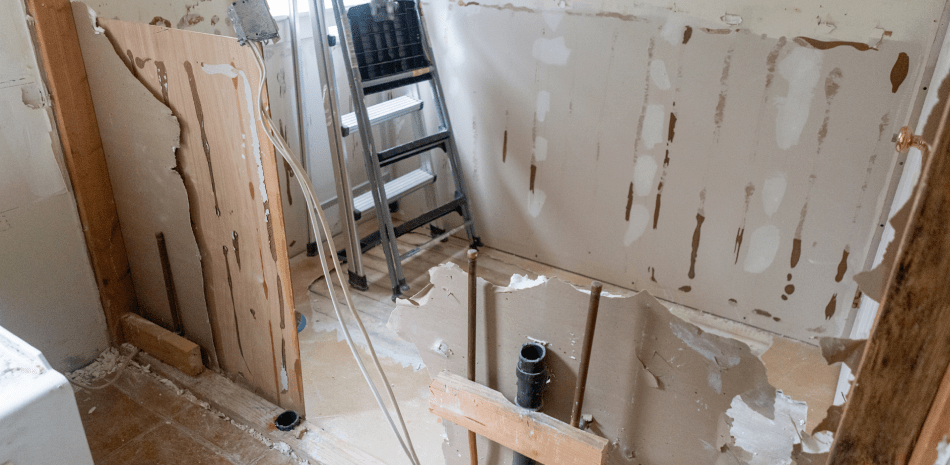 Interior wall during renovation with exposed wood and plumbing. A ladder sits in the room.