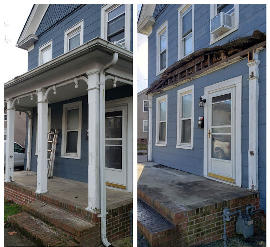 Two photos side-by-side show a blue house before (left) and after (right) porch roof damage.