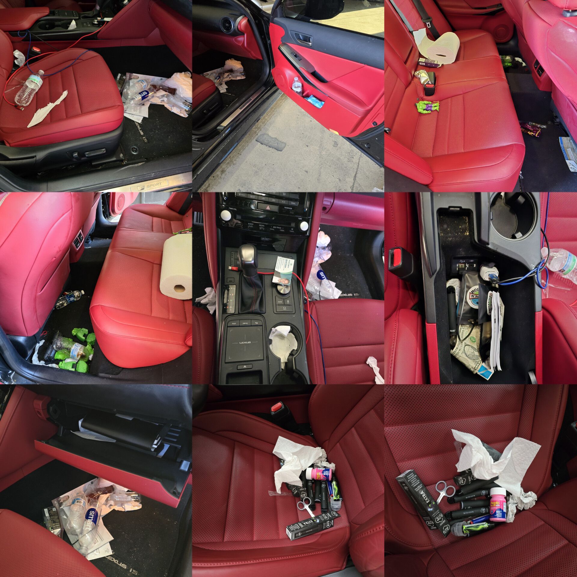 A collage of photos showing the inside of a red car
