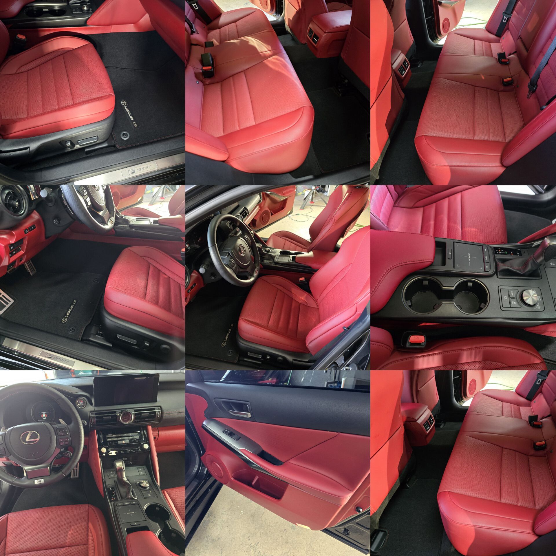 A collage of photos showing the interior of a car with red seats