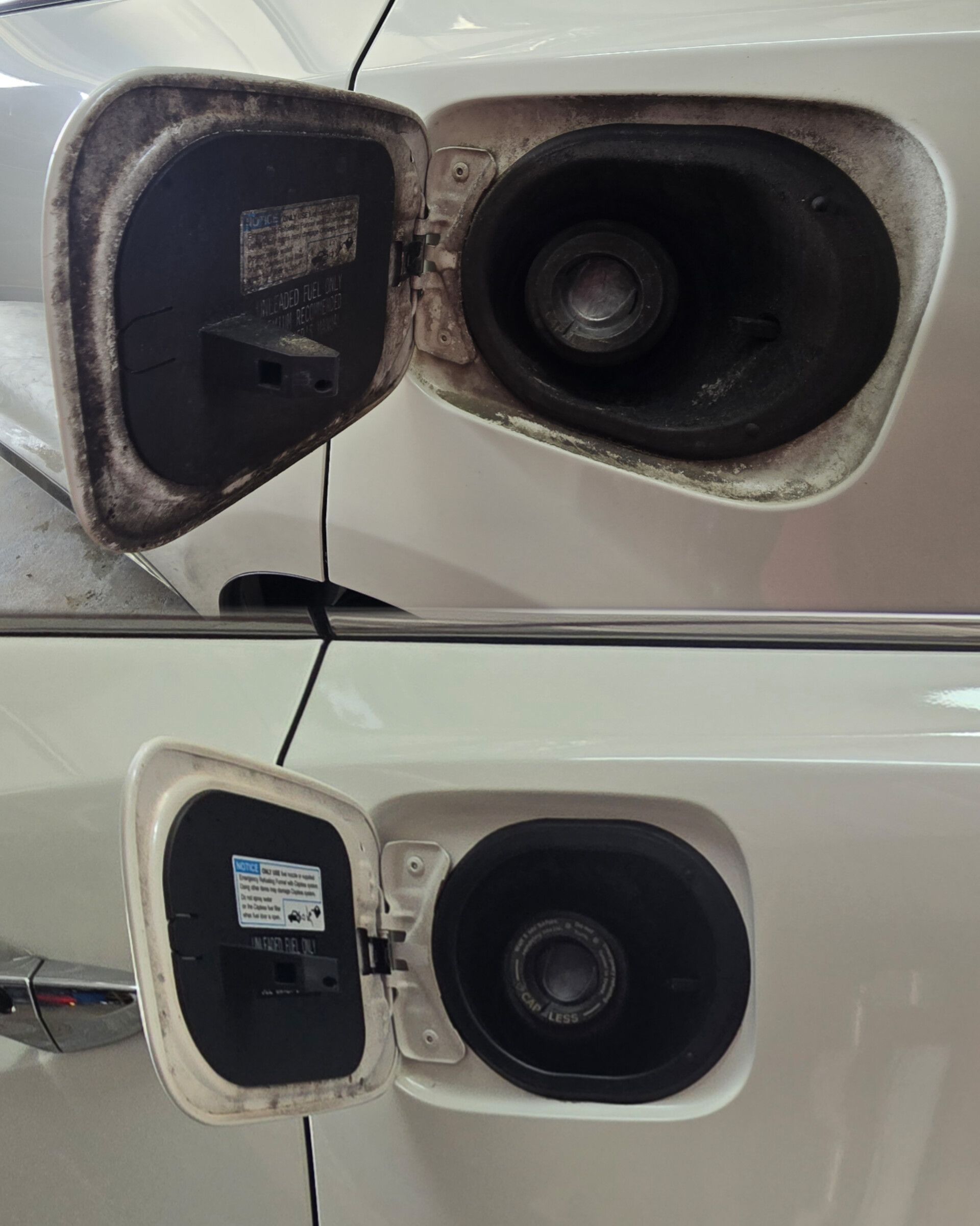 A before and after picture of a car 's gas tank.