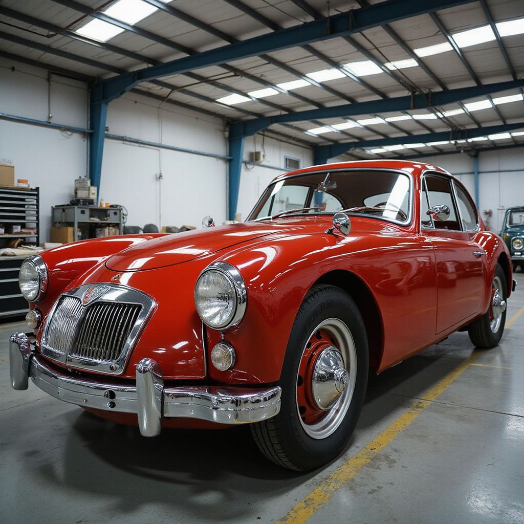 Coche clásico rojo aparcado en el interior de un gran edificio con estructura metálica.