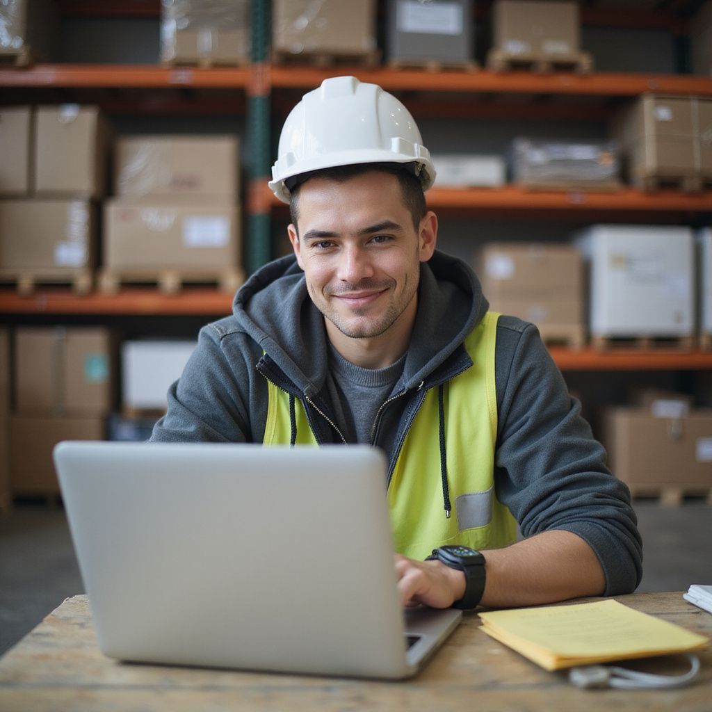 Hombre con casco y chaleco de seguridad, trabajando en una computadora portátil en un almacén, sonriendo.