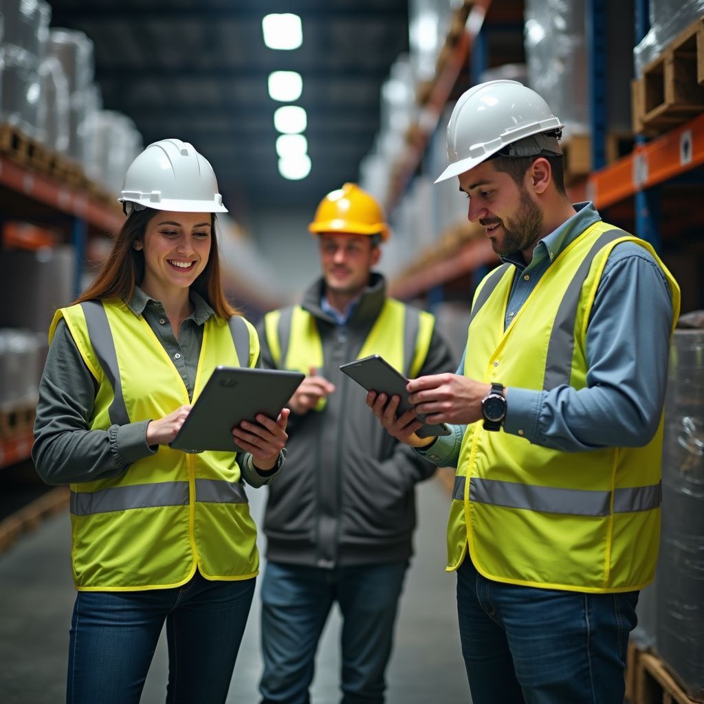 Tres trabajadores en un almacén, con chalecos de seguridad y cascos, mirando tabletas.