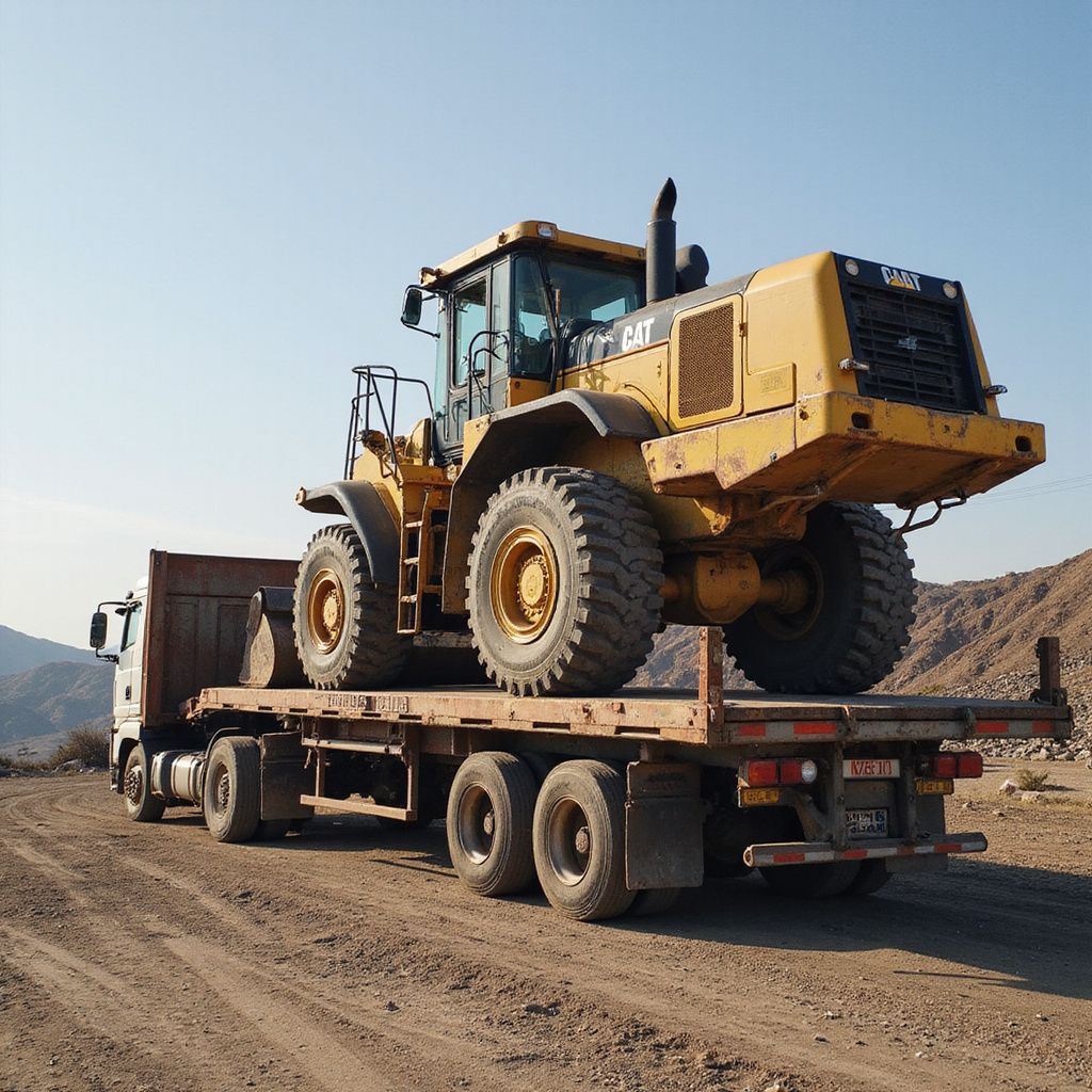 Cargador Caterpillar amarillo sobre un camión de plataforma en un camino de tierra.