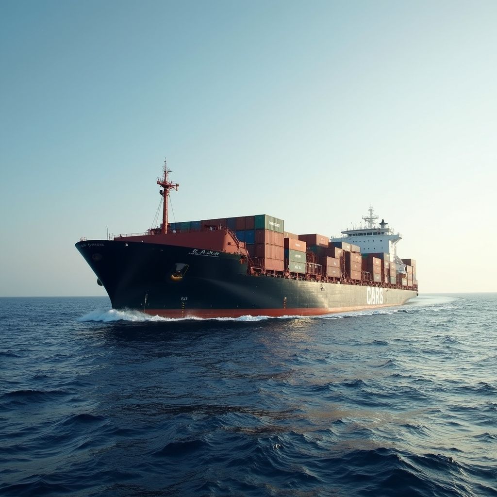 Buque de carga navegando en el océano azul bajo un cielo azul claro.