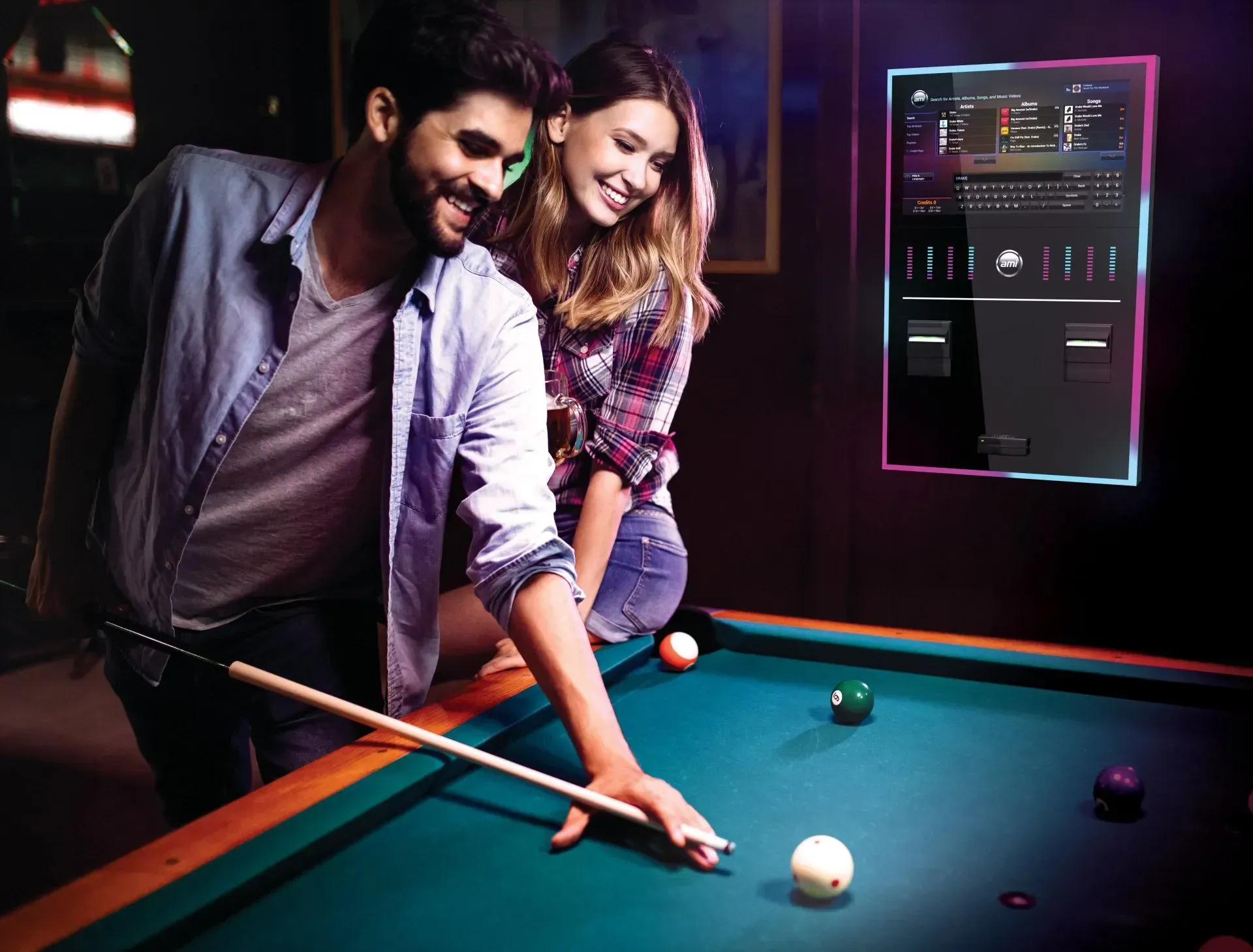 A man and a woman are playing pool together