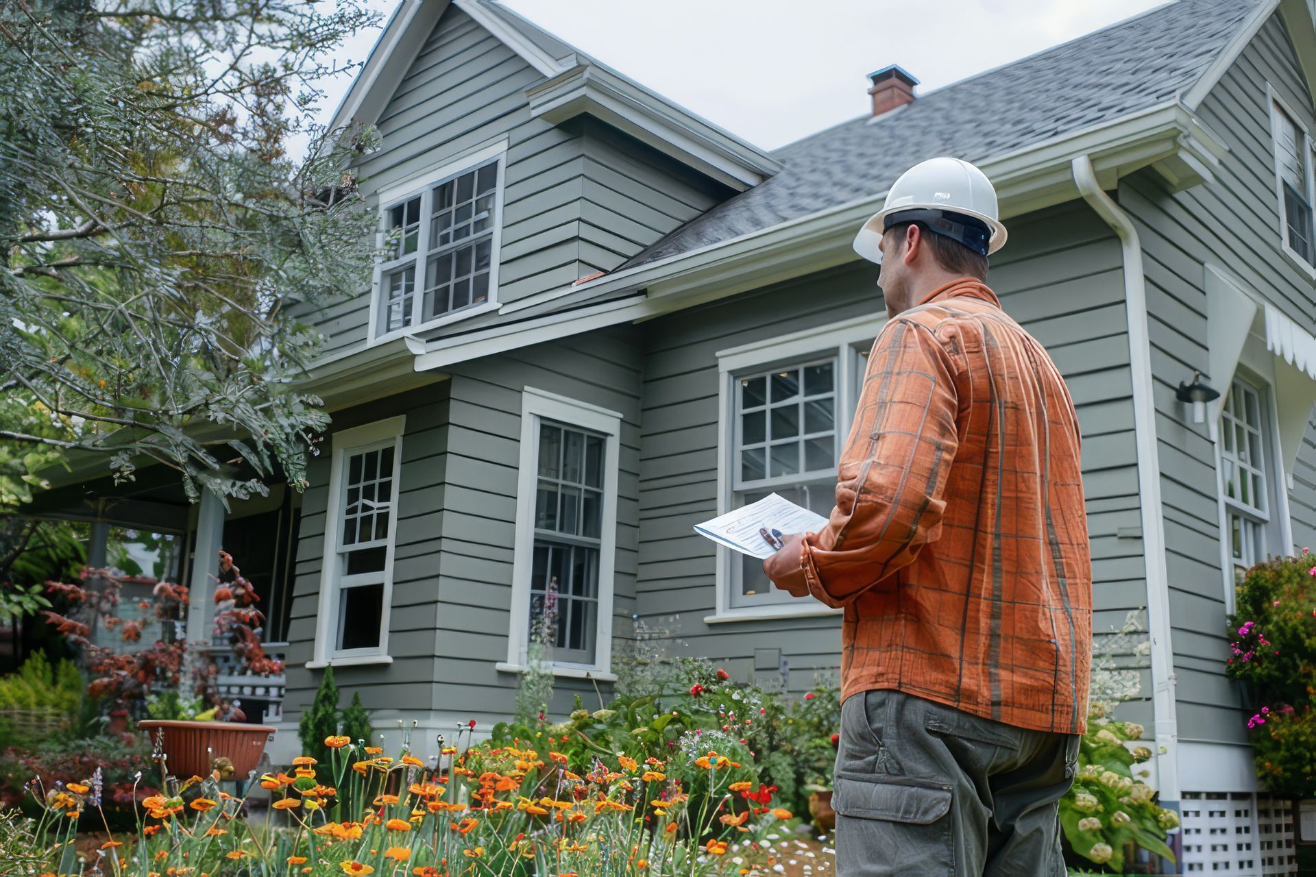 Man in hard hat inspecting a house with garden.