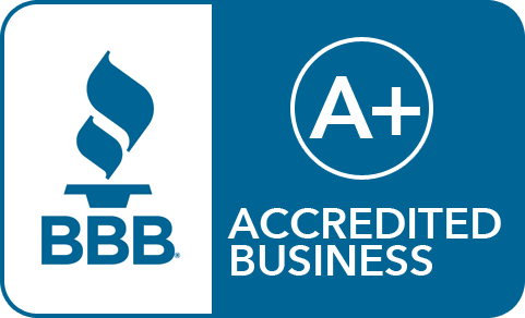 the bbb accredited business logo is blue and white .