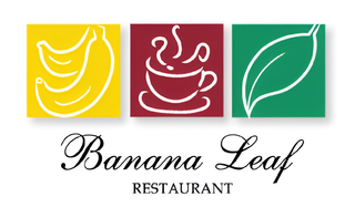 A logo for banana leaf restaurant with bananas , a cup of coffee and leaves