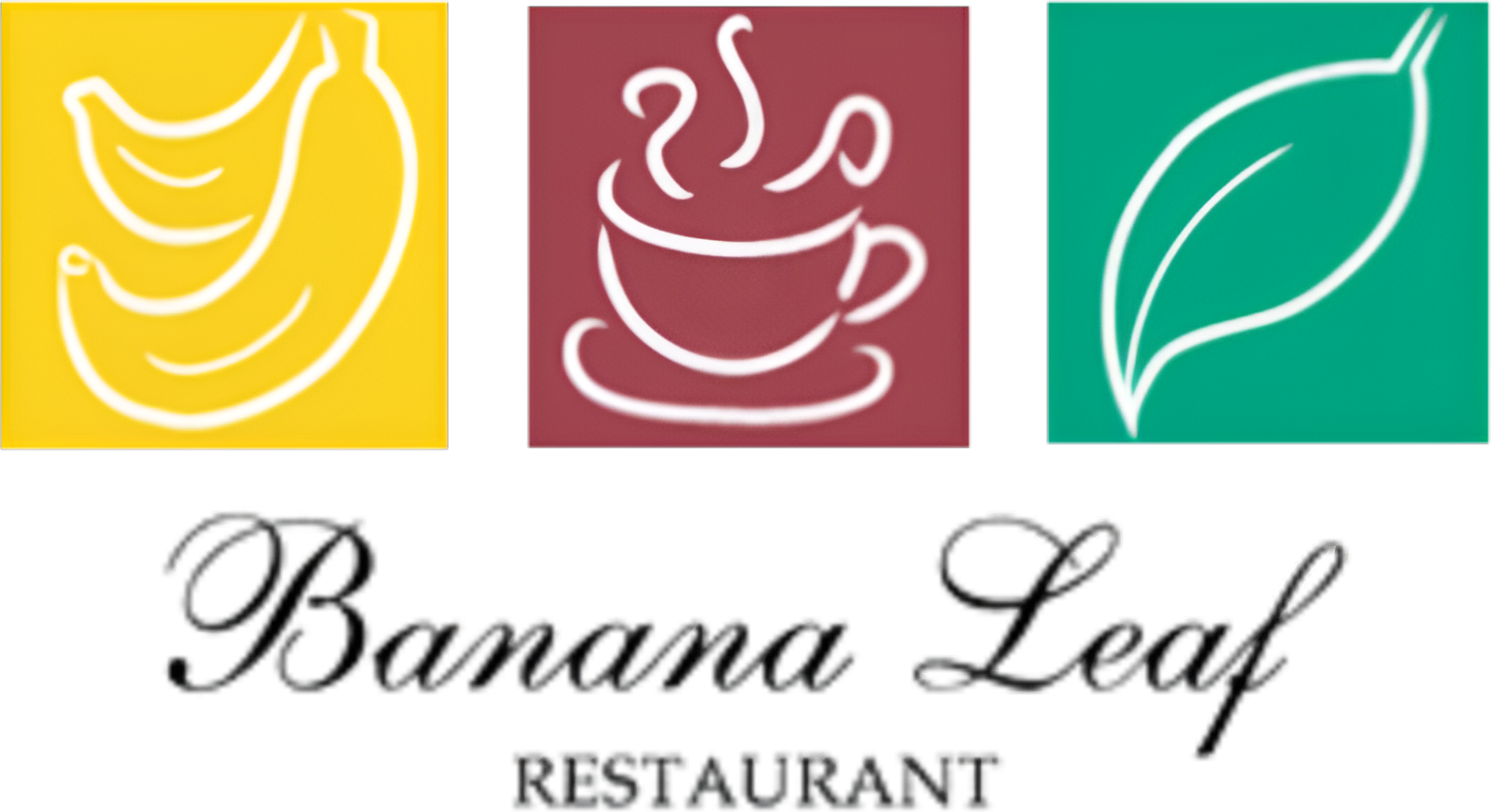 The logo for banana leaf restaurant shows a cup of coffee a banana and a leaf