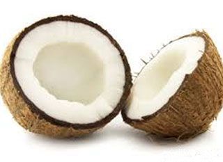 Two coconuts are cut in half on a white background.