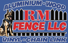 RM Fence LLC logo with dog, black fence silhouette, red and blue text, and &ldquo;Aluminium Wood Vinyl Chain Link&rdquo;
