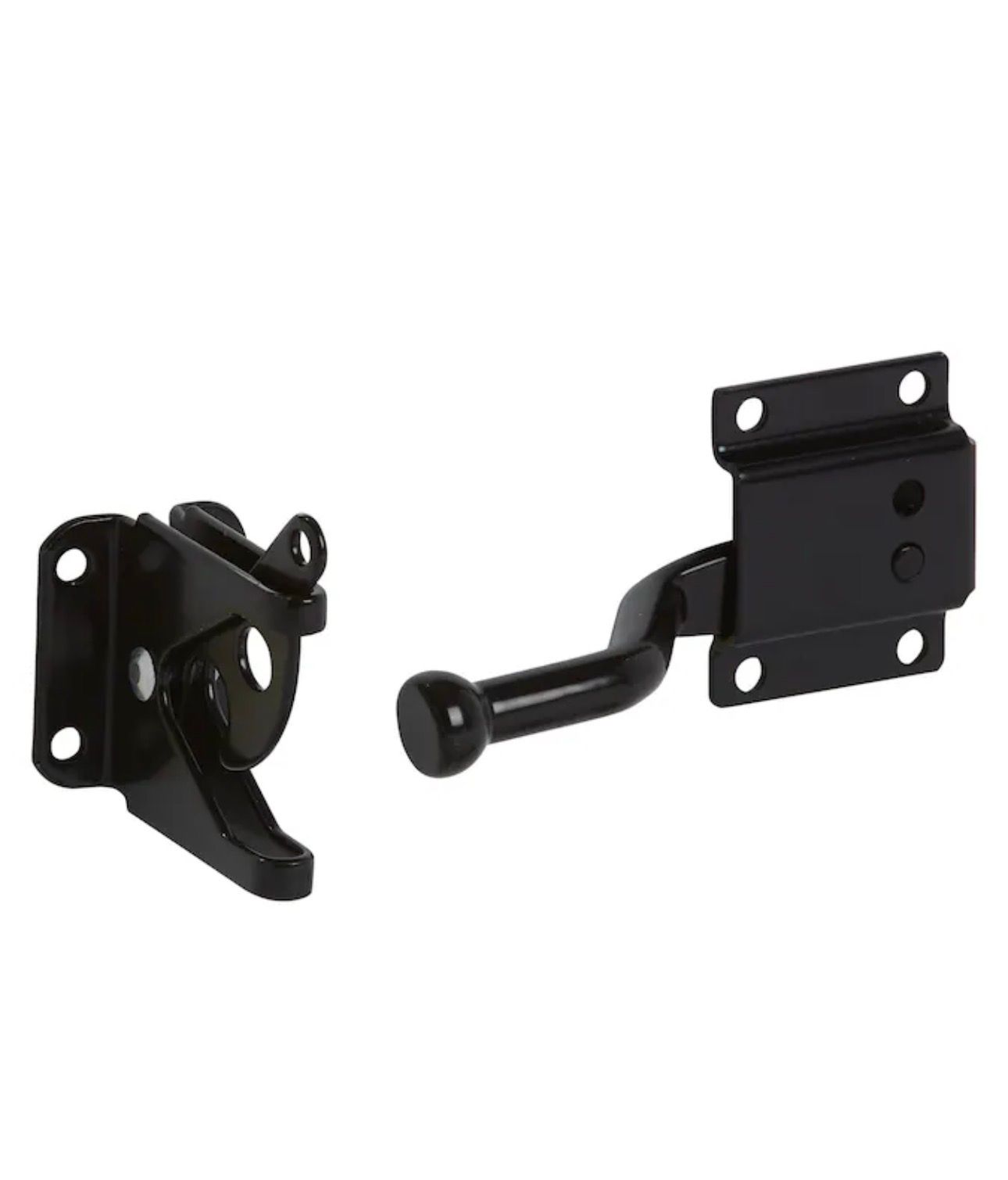Black metal door latch and catch hardware on white background