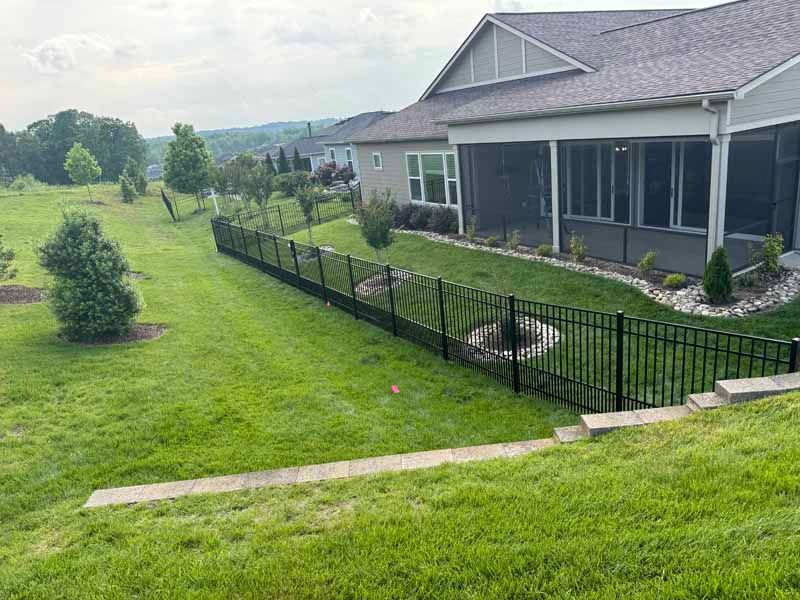 Backyard with green lawn, black fence, and screened porch on a house under a cloudy sky
