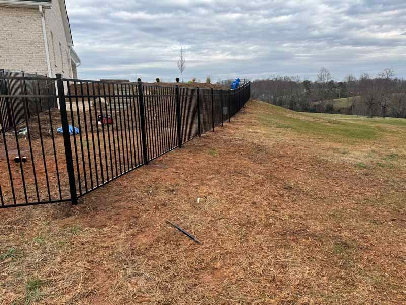Backyard with black metal fence beside a tan house, sloping grassy yard, and cloudy sky