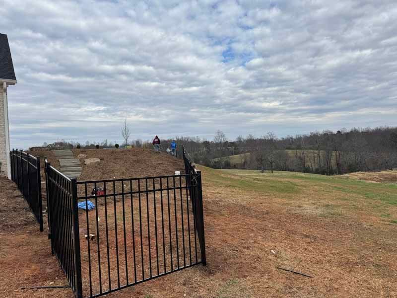 Black metal gate beside a brown grassy yard under a cloudy sky, opening to a wooded field.