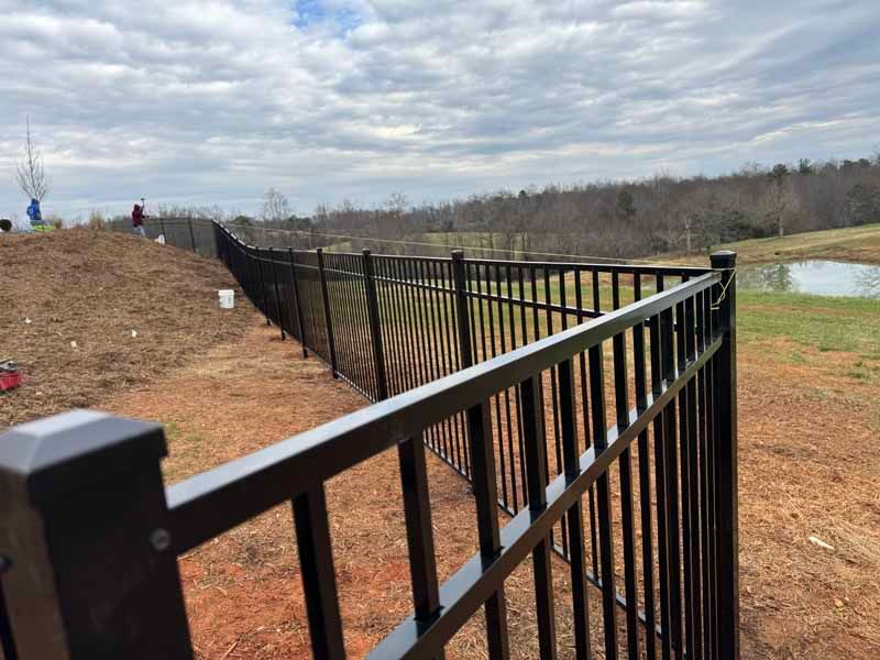 Black metal fence along a dirt path beside a grassy lake under a cloudy sky