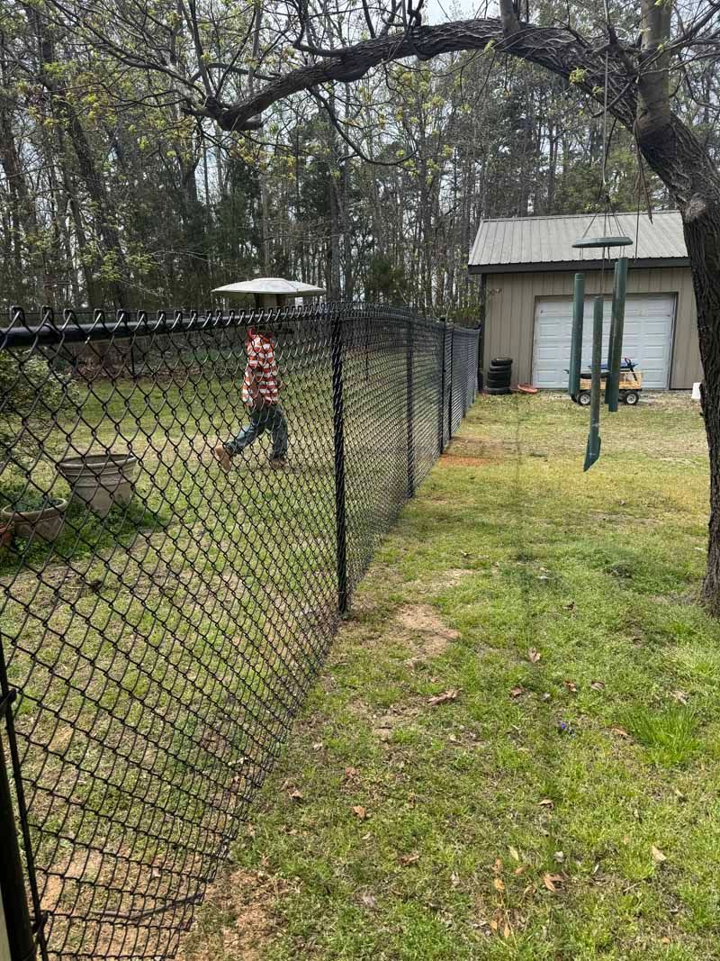Backyard with chain-link fence, a person in red near a bird feeder, and a small shed among trees