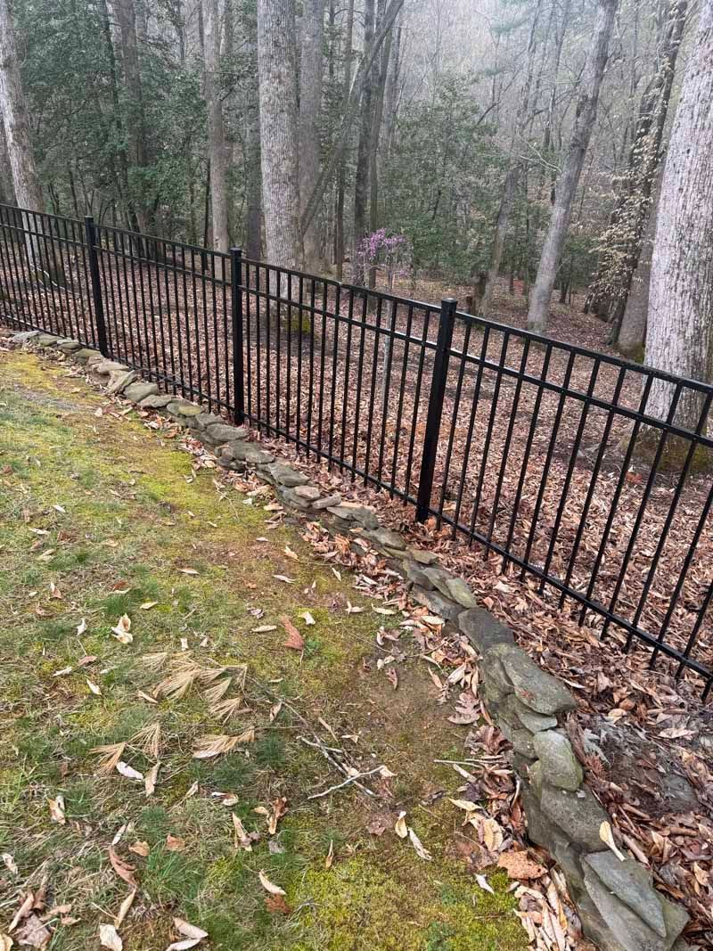 Black metal fence along a mossy wooded slope with bare trees in the background.
