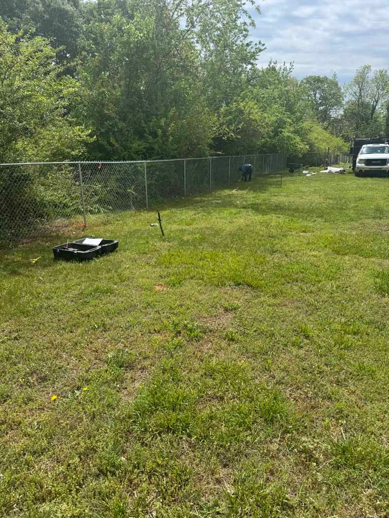 Grassy yard with a chain-link fence, trees, and a parked white truck in the background