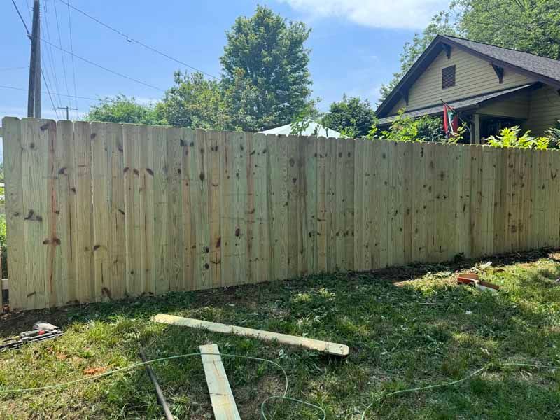 New wooden privacy fence in a grassy backyard under a clear blue sky