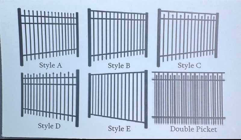 Fence style comparison chart with six black metal fence designs labeled Style A–E and Double Picket.