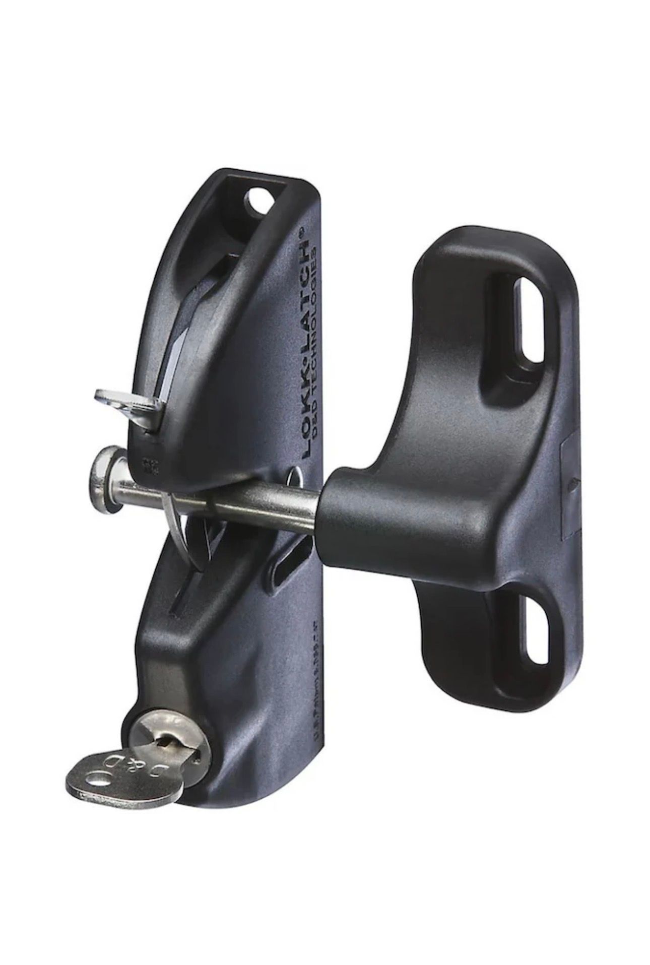 Black metal door latch with a sliding bolt and mounting bracket