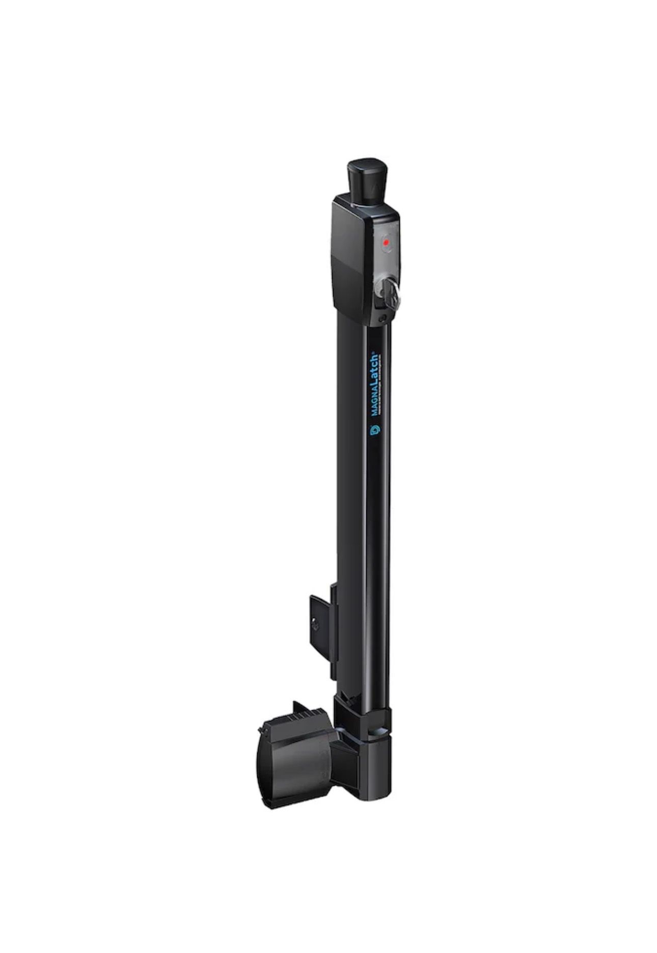 Black telescoping camera tripod with a folded head on a white background
