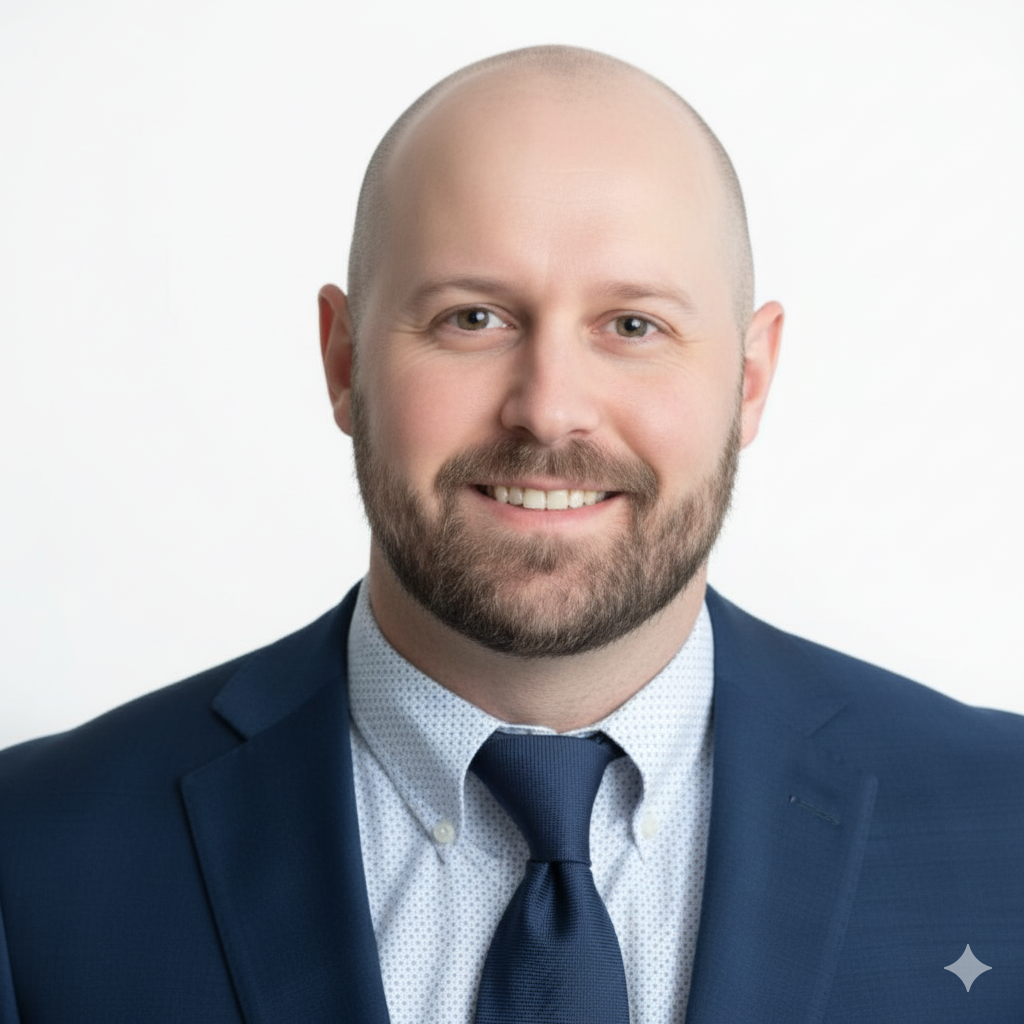 Bald man in a blue suit smiles at the camera. He wears a light blue patterned shirt and a navy tie.
