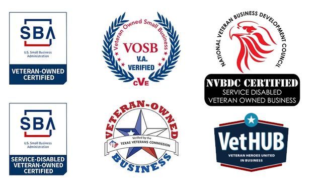 Certifications for veteran and service-disabled veteran owned businesses, including SBA, VOSB, and NVBDC logos.