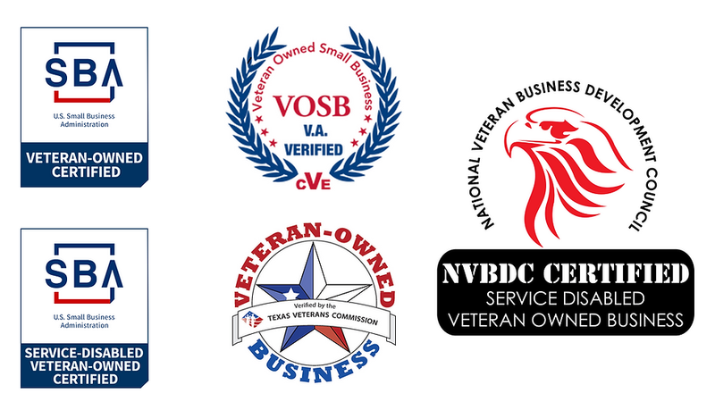 Certifications for veteran and service-disabled veteran owned businesses, including SBA, VOSB, and NVBDC logos.